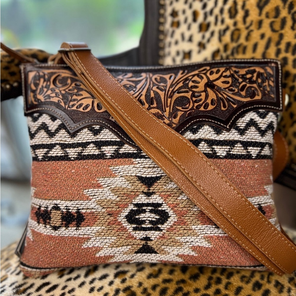 Myra Handtooled Leather Crossbody Aztec Tapestry Bohemian Bag